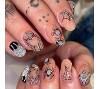 RUNRAYAY Halloween Press on Nails, Short Almond Fake Nails French Tip False Nails with Cobweb Design Nails Glossy Full Cover Stick on Nails for Women Manicure 24Pcs