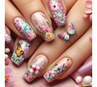 RUNRAYAY Medium Butterfly Press on Nails Square, Press on Nails Short with Flower Design, Supremely Fit & Natural Stick on Nails