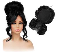 RUNRAYAY Messy Bun Hair Piece with With Long Side Bangs, 1B#, 2-In-1 Drawstring Ponytail Extension Updo Wig & Hair Topper, Natural-Looking Synthetic Hairpieces for Women