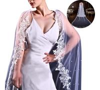 RUNRAYAY Pearl Bridal Cape Pearl Wedding Cape Veil Cathedral Bridal Shawl with Bead, Long Tulle Shawl for Bride Woman Evening Wraps