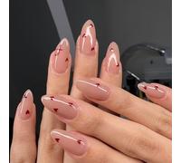 RUNRAYAY Press on Nails Medium Almond Nails Press on with Heart Design Glossy, Stick on Nails Water Ripple Rhinestones Fake Nail Reusable Fall Winter Nail for Women Manicure 24Pcs - A