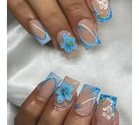 RUNRAYAY Press on Nails Short Square Fake Nails with Flower Designs Nude Blue Glossy Full Cover Stick on Nails Bling Acylic Nails for Women and Girls