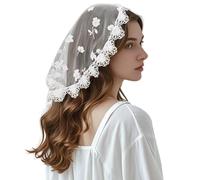 RUNRAYAY Rounded White Lace Veil Print Cathedral Church Veils Mass Mantilla Christian Prayer Head Covering Scarf, A