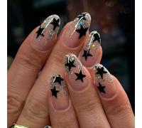 RUNRAYAY Silver Bling Press on Nails Medium Almond, Black Star Design Reusable Acrylic Fake Nails, Stick on Nails, Daily Wear Nails for Women