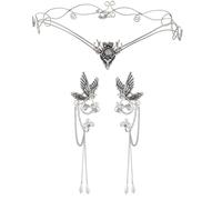 RUNRAYAY Silver Elf Tiara & Elf Ears Cuff Set, Fairy Leaf Crown Crystal Headpiece for Women Elves Wings Ear Cuff Elven Crowns for Cosplay - F