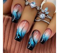 RUNRAYAY Square Blue Press on Nails, Flower Halo Flame Stick on Nails, Summer Fake Nails Reusable Acrylic Stick on False Nails Kit for Women