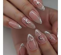 RUNRAYAY Star & Moon Press on Nails Medium Almond Fake Nails Cute False Nails Press Ons, Full Cover Stick on Nail for Women Manicure - C