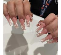 RUNRAYAY Swirl Press on Nails, Long Nude Stick on Nails with Fake Nails with Pearl Design Glossy False Nails Full Nail Press Ons Finger Manicure 24Pcs