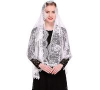runrayay White Lace Scarf, Head Scarf Rectangular Chapel Veil Spanis Floral Veils Wrap Shawl Mass Head Covering