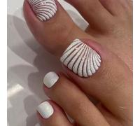 RUNRAYAY White Press on Toenails, Square Shell White Tips False Toe Nails Glitter Rhinestone Designs Fake Toenail Glossy Glue on Nails for Women 24Pcs