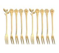 RUNROTOO 10pcs Titanium Gold Two-Tine Fruit Forks Set with Cherry Blossom, Rose, Leaf, Cosmos Bellflower Designs - Reusable Multi-Function Appetizer, Cake Dessert Forks for Home and Party