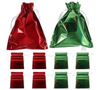 RUNROTOO 12pcs Christmas Drawstring Gift Bags, Aluminum Foil and Pet Holographic Present Pouches, Small Gift Wrapping Bags for Christmas and Family Gatherings