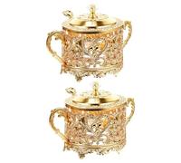 RUNROTOO 2pcs Glass Spice Jars with Spoon and Iron Lid, Multi-functional Seasoning Containers for Sugar and Salt, Easy to Clean Food Storage Jars with Stylish Golden Design, for Kitchen