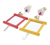 RUNROTOO 2pcs Parrot Mirror Chew for Birds with Red and Yellow Wood, Iron, and Stone Materials, Provides Physical Activity and Reduces Loneliness, for Parrot Cage Use
