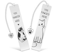 RUNROTOO 2pcs Stainless Steel Cat Bookmarks with Chain for Marking Place in Books, Cute and Funny Metal Animal Book Marks, for Students and Women Reading Accessories