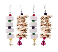 RUNROTOO 4 Pcs Parrot Teeth Grinding Set for Pet Birds, Natural Calcium Supplement with Corn Flake, Cuttlefish Bone, and Volcanic Stone, Sturdy Hanging Biting Plaything for Cage