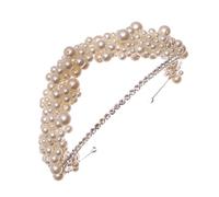 RUNROTOO Bridal Pearl Headband Double Layer White Hand-woven Pearls Hair Accessory Wedding Hairpiece for Brides