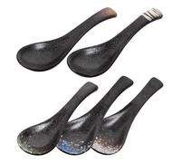 RUNROTOO Ceramic Japanese Ramen Soup Spoon Set 5Pcs Green Forest, White Day, Ink Cloud, Blue Ice Colours for Asian Noodle, Dessert and Rice Serving