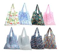 RUNROTOO Foldable Reusable Grocery Bags with Beautiful Pattern Design 8 Pcs Large Waterproof Polyester Tote Bags Portable Storage Pouches for Outdoor Beach Use