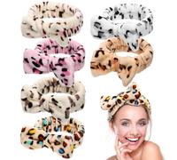 RUNROTOO Leopard Print Plush Headbands Pink, Yellow Beige Leopard Patterns White 6pcs with Bowknot, Soft Coral Fleece Hairbands in Coffee for Women Spa Facial Makeup