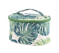 RUNROTOO Makeup Pouch Toiletry Bag Oval Shape Canvas with Tropical Monstera Printing, Travel Makeup Bag for Organizing Cosmetics and Toiletries, Green for Storing Cosmetic Essentials