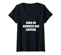 Runs On Kindness and Caffeine V-Neck T-Shirt, Women, Black, M