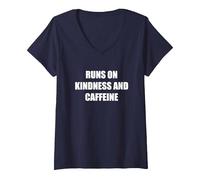 Runs On Kindness and Caffeine V-Neck T-Shirt, Women, Navy, XL