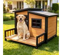 RUNSHED Large Outdoor Dog House W/Elevated Floor, Easy Assembly 39" | 39.5x37.5x30in, for 40-65 lbs dogs, sloped roof, PVC curtain, pine wood, easy 20-min assembly