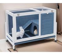 RUNSHED Two Floors Wooden Indoor Bunny Hutch Rabbit Cage on Wheels Guinea Pig PET House for Small to Medium Animals Waterproof No Leak Tray