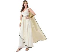 Runstarshow Greek Goddess Costume Women Halloween Fancy Dress Adults Mythology Dress Up Empire Waist Dress Gold Leaf Headpiece Detachable Cape Roman Outfit UK 8-16 (S-XL)