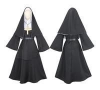 Runstarshow Halloween Costumes Adult Women Nun Outfit Gothic Dress Black Nun Headpiece White Wimple Gold Cross Belt 5 Piece Religious Fancy Dress UK Sizes 6-18(XS-L)