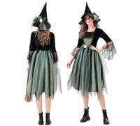 Runstarshow Halloween Costumes Adult Women Witch Outfit Tiered Tulle Sorceress Dress Witch Hat with Flowers Gothic Fancy Dress Medieval Fairy Costume UK Size 8-16