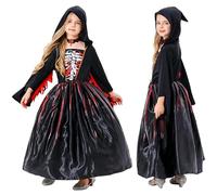Runstarshow Halloween Vampire Costume Kids Girls Gothic Skeleton Dress with Choker Necklace Hooded Witch Outfit Spooky Zombie Fancy Dress Age 3-12