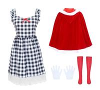 Runstarshow Kids Christmas Costumes Girls Plaid Dress Hooded Velvet Cape Red Stockings Gloves 4-Piece Xmas Dress Up Outfit Fairy Tale Princess Costume Age 3-12 Years