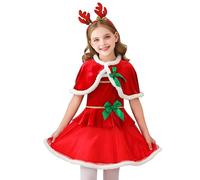 Runstarshow Kids Christmas Outfits 2-Piece Girls Xmas Dress Velvet Cape with Bow Mrs Santa Claus Outfit Green Elf Costume for Little Girls Age 3-12 Years