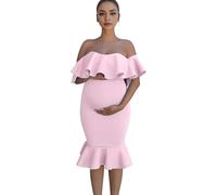 Runstarshow Maternity Dress Photoshoot Off Shoulder Bodycon Ruffled Pregnancy Dress Baby Shower Gown for Pregnant Women Photography Props Solid Color Size S-XL