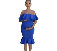 Runstarshow Maternity Dress Photoshoot Off Shoulder Bodycon Ruffled Pregnancy Dress Baby Shower Gown for Pregnant Women Photography Props Solid Color Size S-XL