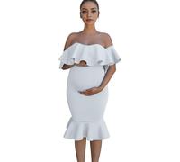 Runstarshow Maternity Dress Photoshoot Off Shoulder Bodycon Ruffled Pregnancy Dress Baby Shower Gown for Pregnant Women Photography Props Solid Color Size S-XL