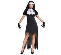Runstarshow Nun Costume Women Scary Halloween Outfits Religious Fancy Dress Adult 4PCS Evil Nun Accessoires Cross Necklace+Gothic Dress Gloves+Nun Headpiece Medieval Zombie Cosplay
