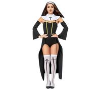 Runstarshow Nun Costumes for Women Sexy Halloween Outfits Adults Religious Fancy Dress 6 PCS Nun Accessories Headpiece+Collar+Thigh High Socks+Sleeve Cover+Jumpsuit+Skirt