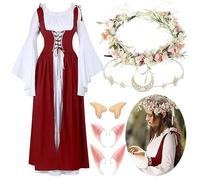 Runstarshow Renaissance Costume Women Halloween Costumes Fairy Dress Flower Crown Elf Ears Choker Necklace Medieval Peasant Outfit Carnival Fancy Dress XS-3XL