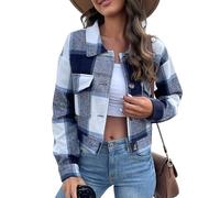 Runstarshow Shacket Women Cropped Plaid Jacket Ladies Checked Shirts Button Down Long Sleeve Casual Short Coat Fall Spring Clothes for Teen Girls Adults S-XL / 6-16 Blue