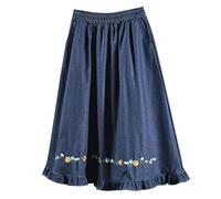 Runstarshow Summer Skirts for Women UK Elasticated Waist Midi A Line Denim Skirt with Pockets Floral Embroidered Loose Fit Ruffle Skirt One Size Fits All