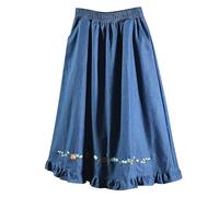 Runstarshow Summer Skirts for Women UK Elasticated Waist Midi A Line Denim Skirt with Pockets Floral Embroidered Loose Fit Ruffle Skirt One Size Fits All