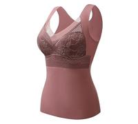 Runstarshow Thermal Vest V Neck Thermal Top Women Ladies Thermal Underwear 2 in 1 Built in Bra Camisole Base Layer Thermal Body Warmer Warm Vest Lace Tank Top Thermal Winter Wear Plus Size L-4XL