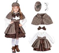 Runstarshow Victorian Costume Girl Detective Outfit Kids Halloween Costumes Girls Dress Up 5 Pcs Dress+Cap+Cape+Bow tie+Glasses Age 2-12 Years