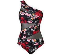 Runtlly Women's One Piece Swimsuits One Shoulder Plus Size Swimwear Bathing Suit Swimming Costume with See Through Mesh Style, Black Red, X-Large