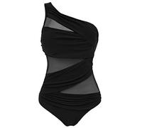 Runtlly Women's One Piece Swimsuits One Shoulder Plus Size Swimwear Bathing Suit with See Through Mesh Style, Black, Large
