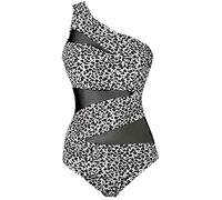 Runtlly Women's One Piece Swimsuits One Shoulder Plus Size Swimwear Bathing Suit with See Through Mesh Style, White Leopard Print, Medium