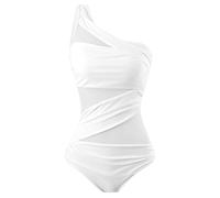 Runtlly Women's One Piece Swimsuits One Shoulder Plus Size Swimwear Bathing Suit with See Through Mesh Style, White, Medium